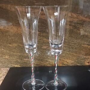 Pier 1 Clear Champagne Flutes With Red/Green/white Ribbon Stems Set Of 2.